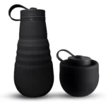 Termo botella de silicona plegable negro 500ml, portátil y reutilizable.