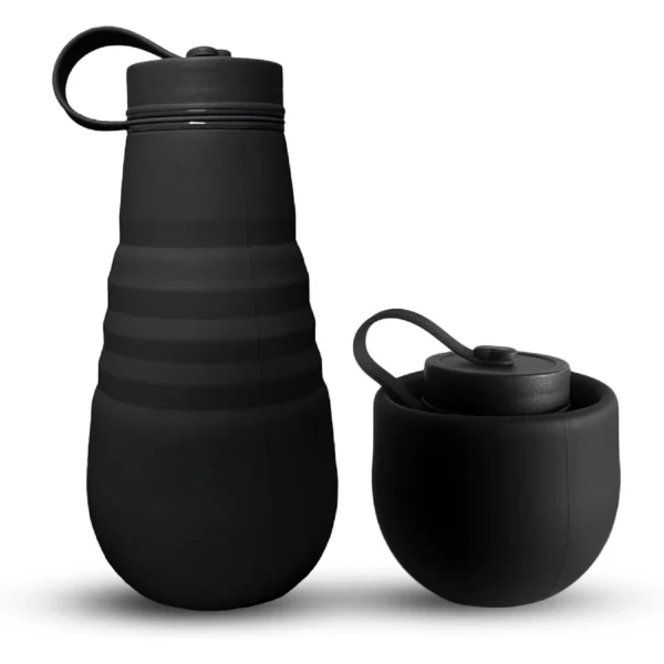 Termo botella de silicona plegable negro 500ml, portátil y reutilizable.