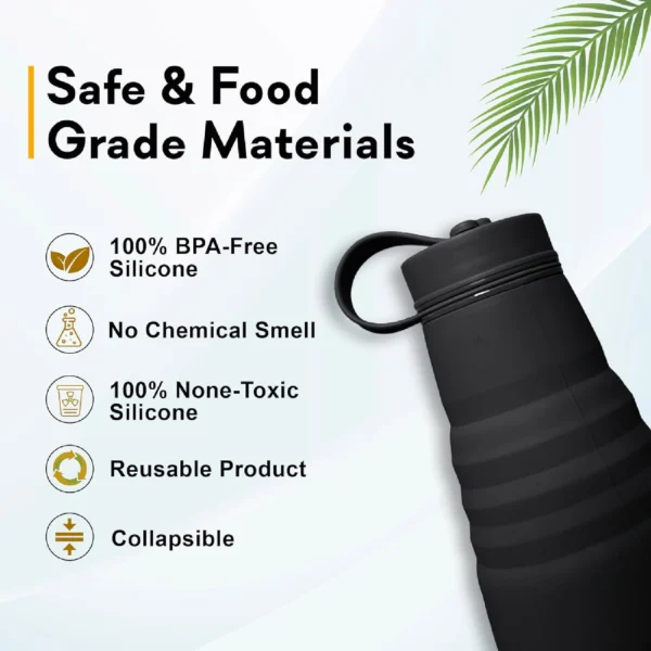 Termo botella de silicona plegable 500ml negro, 100% libre de BPA y no tóxica.