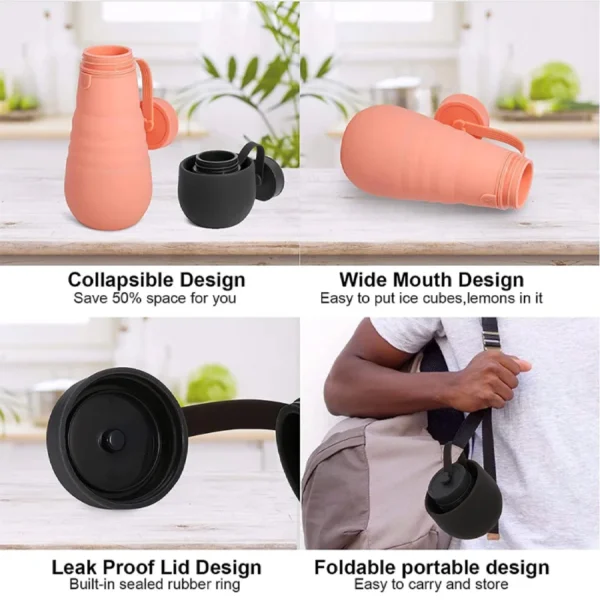 Termo botella de silicona plegable 500ml, naranja, con tapa antiderrames, ideal para llevar.