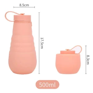 Termo botella de silicona plegable rosa de 500ml con medidas indicadas.