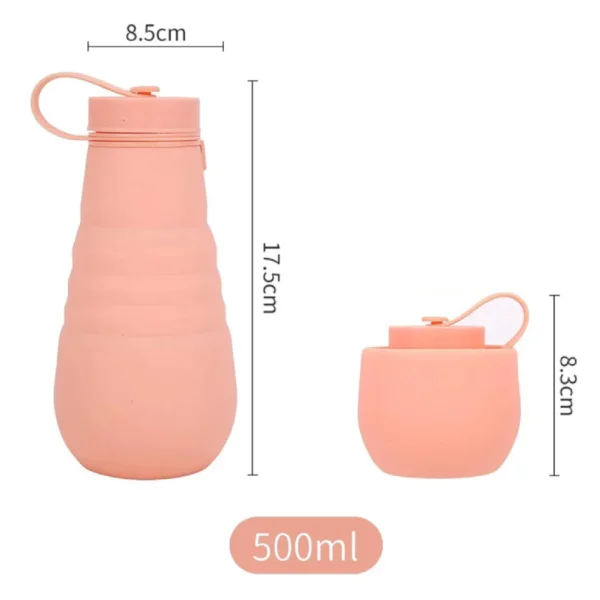 Termo botella de silicona plegable rosa de 500ml con medidas indicadas.
