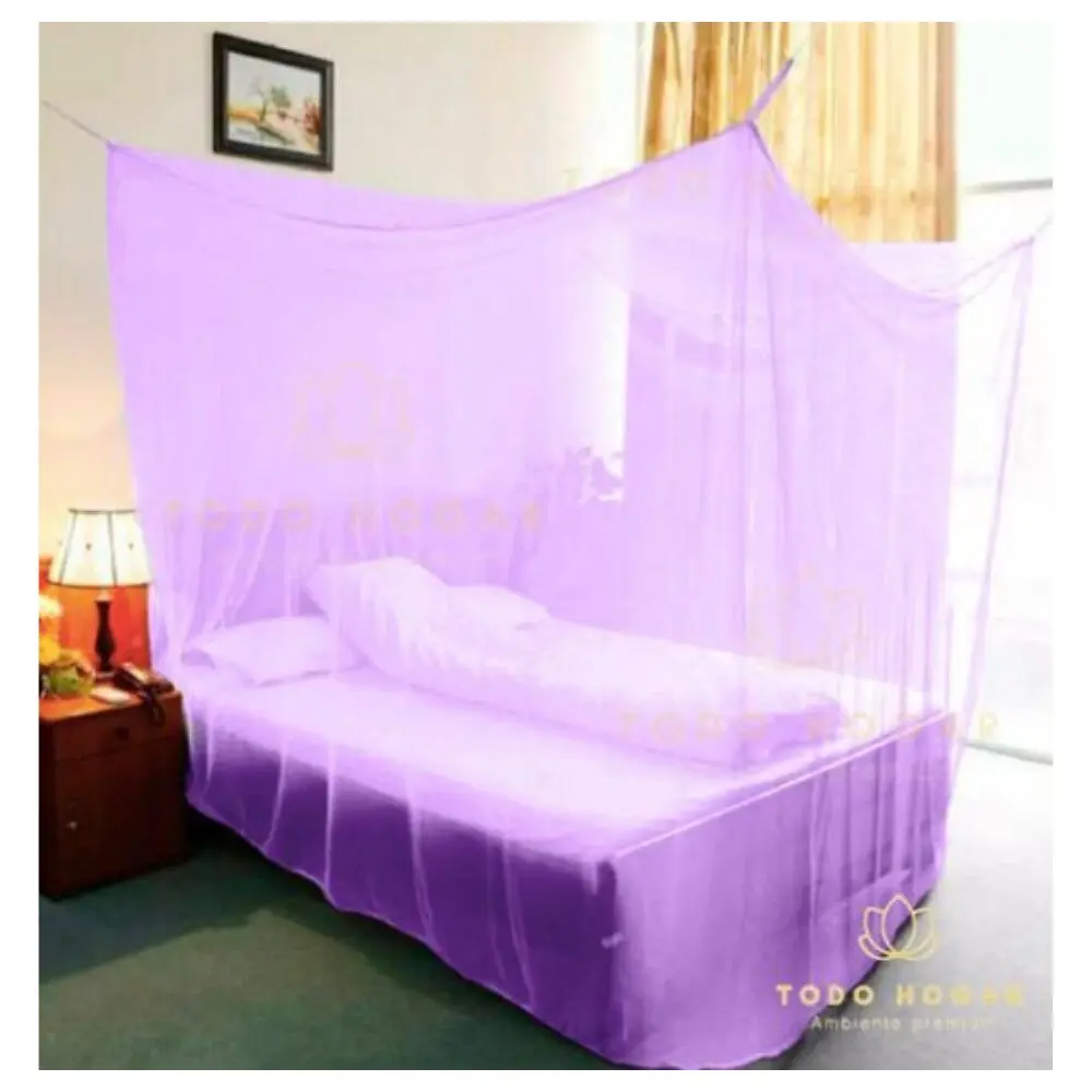 Toldillo morado para cama doble con dosel de cuatro puntas, protegiendo el colchón y la ropa de cama.