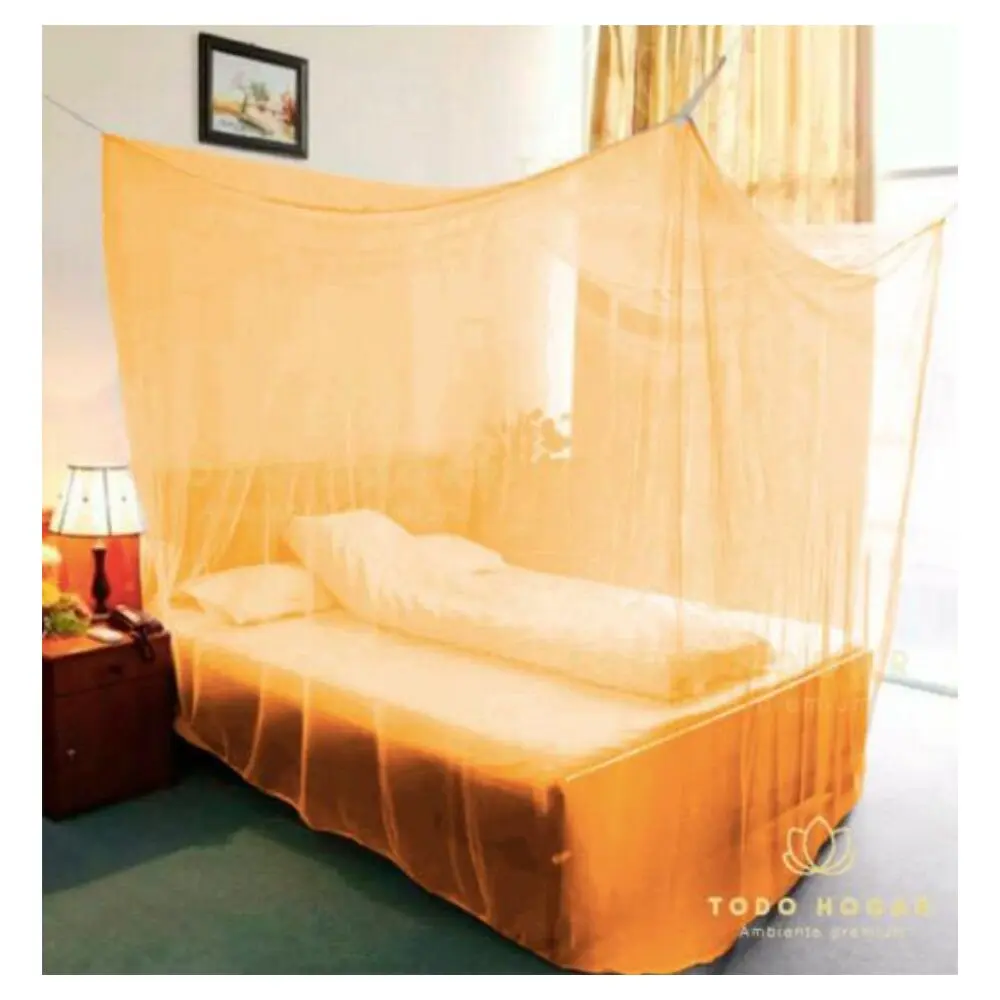 Toldillo cuatro puntas naranja para cama doble, protege de mosquitos.