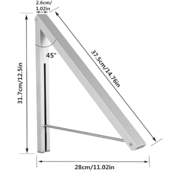 Tendedero plegable triangular de ropa, con medidas 31.7cm y 37.5cm.