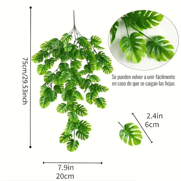 Helecho colgante decorativo artificial verde, 75cm, ideal para interiores y exteriores.