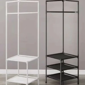 Perchero estante organizador de ropa blanco y negro de tres niveles con barra colgante.