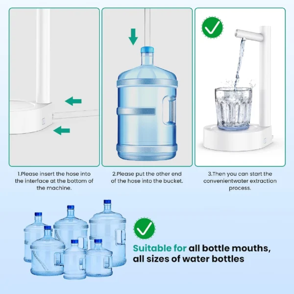 Dispensador de agua eléctrico portátil para botellas grandes, fácil de usar.