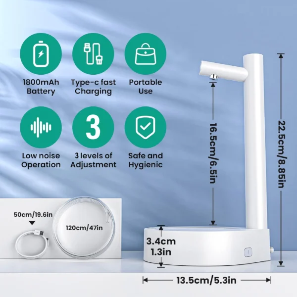 Dispensador de agua eléctrico de mesa portátil con batería recargable y 3 niveles de ajuste.