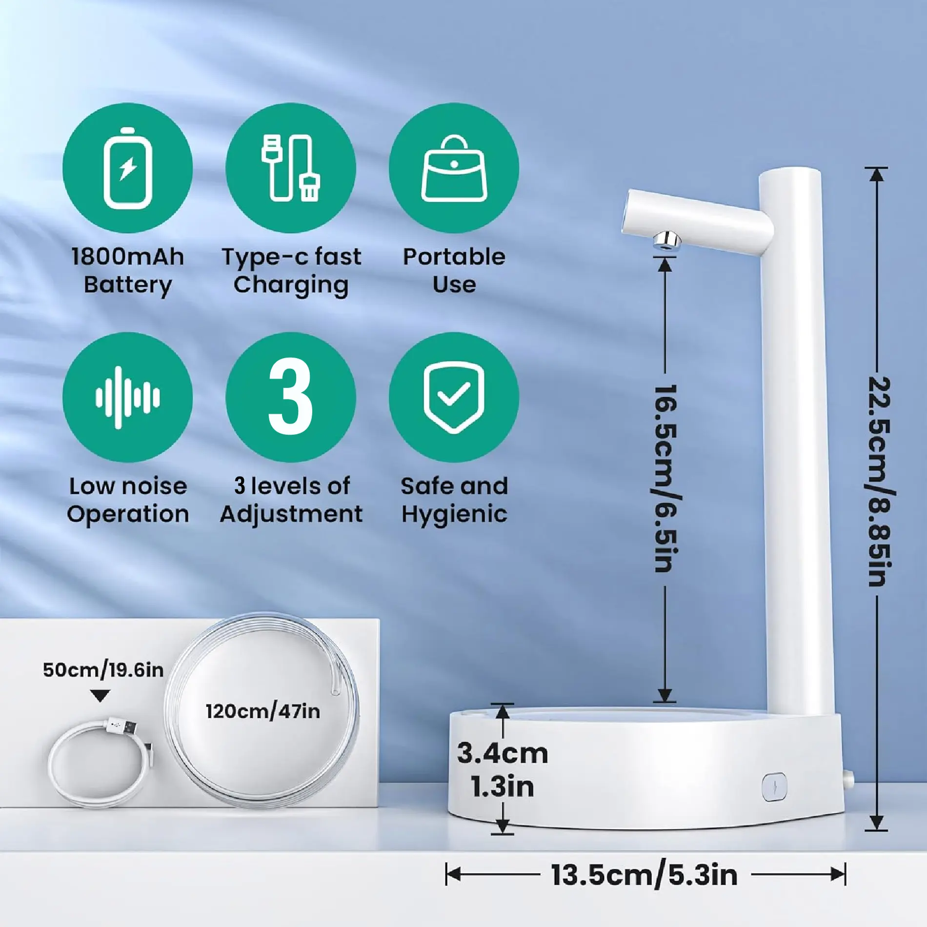 Dispensador de agua eléctrico de mesa portátil con batería recargable y 3 niveles de ajuste.