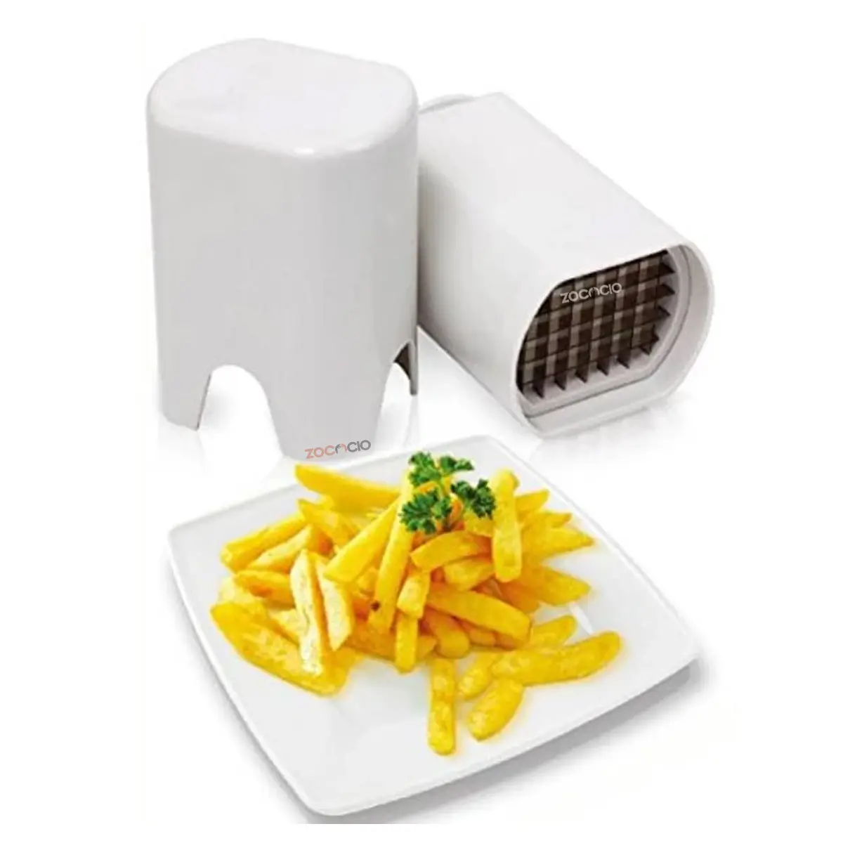 Cortador de papas fritas y vegetales en color blanco, con rejilla de corte y plato con papas listas.