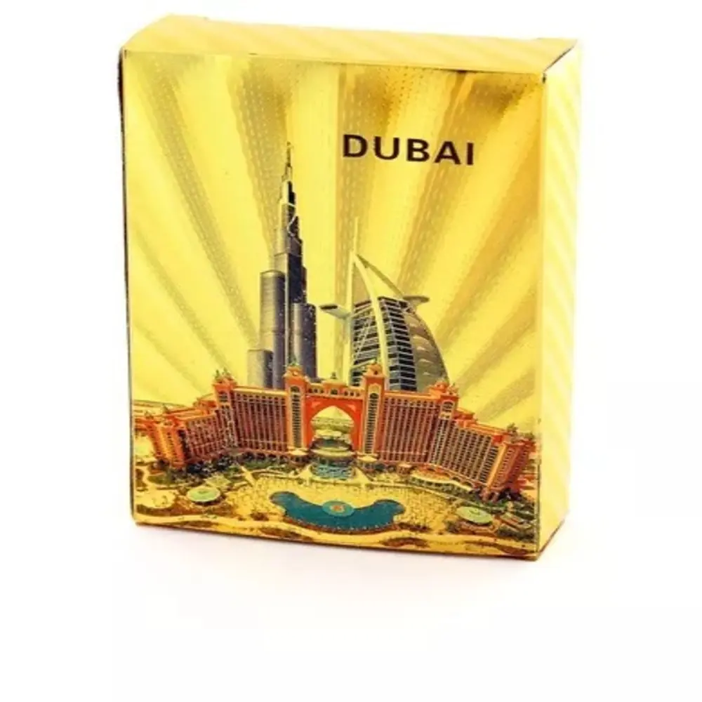 Baraja de cartas doradas de póker con diseño de Dubai, Burj Al Arab y Burj Khalifa.