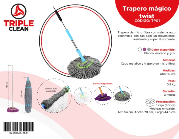 Trapero mágico Twist Triple Clean, microfibra autoexprimible, alto 119 cm.