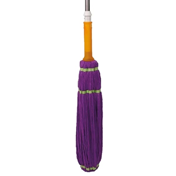Trapero Twist morado con mango naranja y detalles verdes, diseño de hilos colgantes.