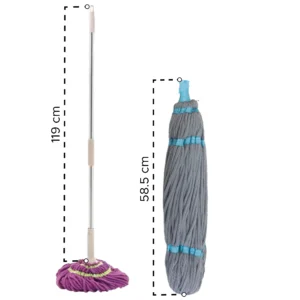 Trapero Twist: mango extensible de 119 cm y mopa de 58.5 cm, ideal para limpieza.