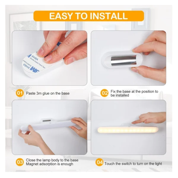 Lámpara LED magnética con base adhesiva 3M, fácil instalación y encendido táctil.