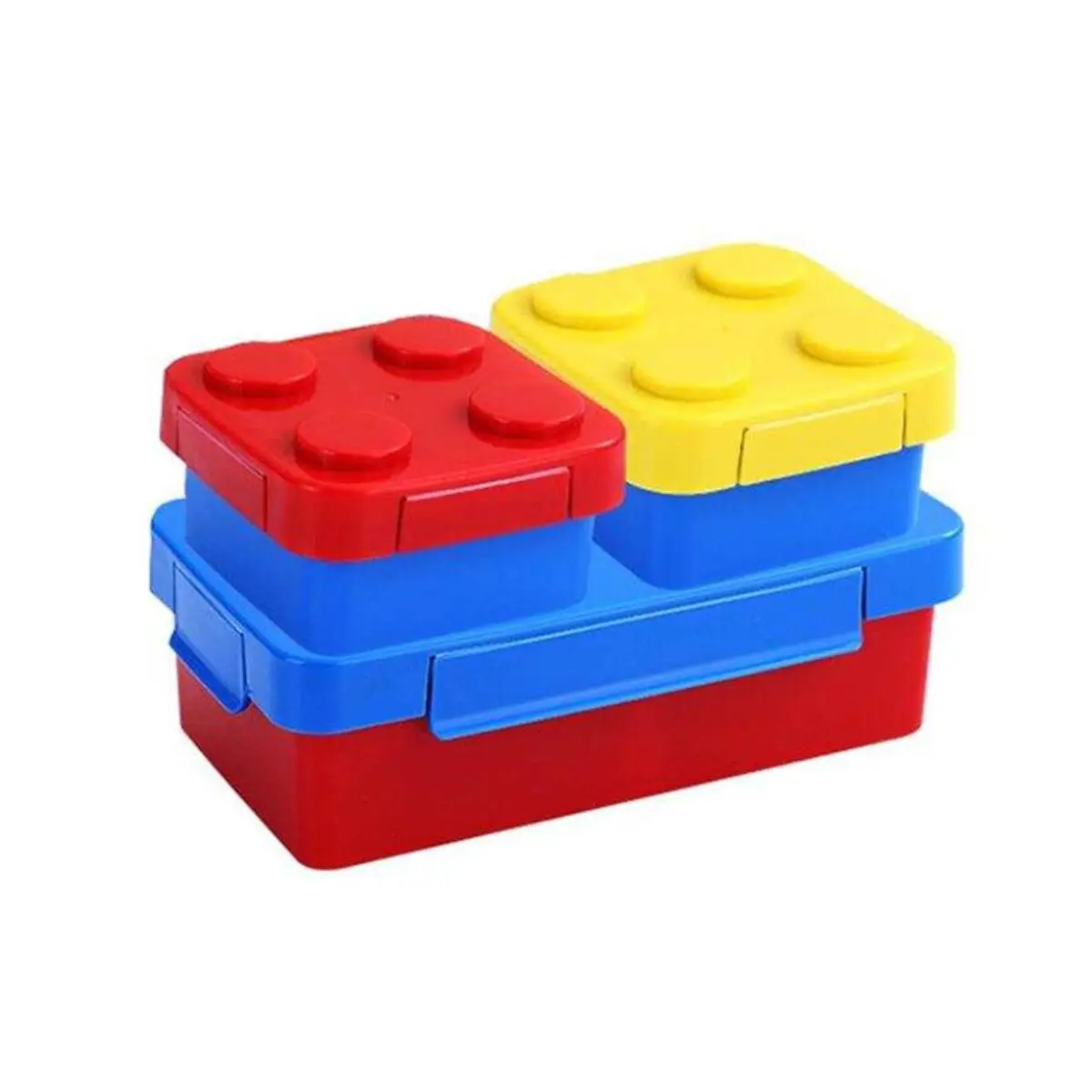Fiambrera lonchera Lego con compartimentos rojos, amarillos y azules, diseño apilable.