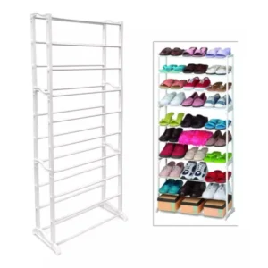 Estante para zapatos de 10 niveles Eco, con diversos tipos de calzado organizado en cada repisa.