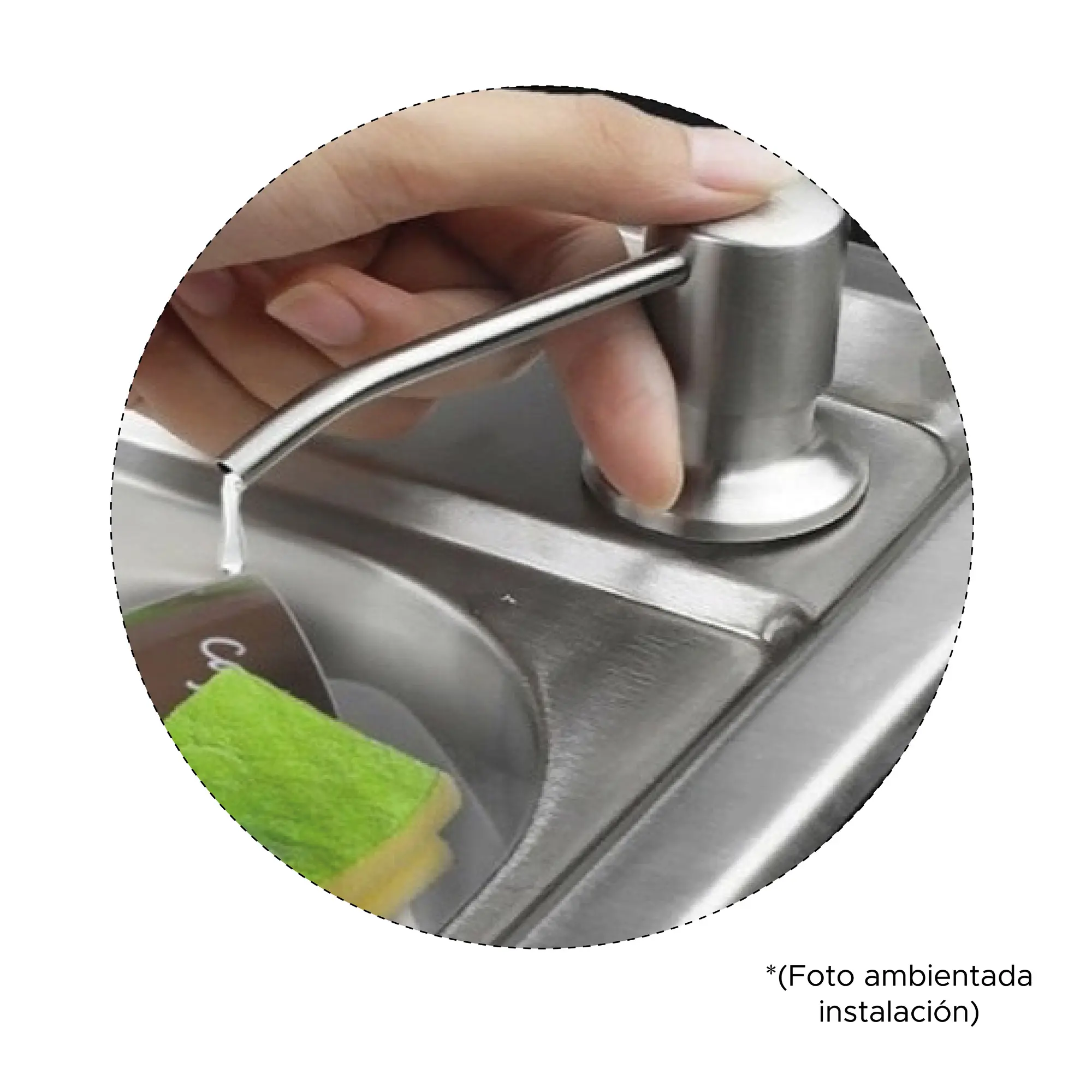 Dispensador de jabón lavaloza empotrable de acero inoxidable en uso, con gota de jabón cayendo.