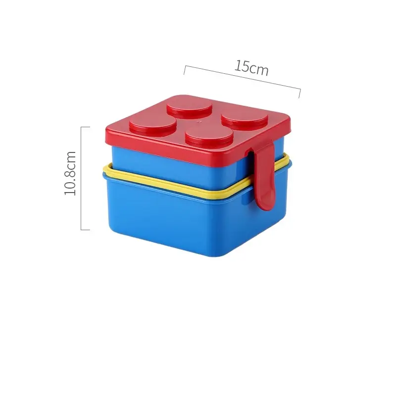 Fiambrera lonchera Lego azul y roja con medidas de 15cm x 10.8cm, apilable.