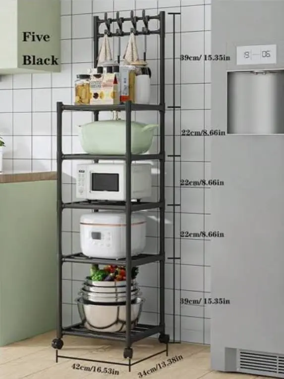 Estante de cocina con ruedas, microondas, ollas y cacerolas, ideal para organizar tu espacio.