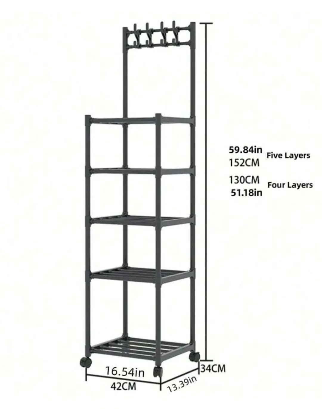 Estante de almacenamiento de cocina de 5 niveles con ruedas, 152 cm de alto.