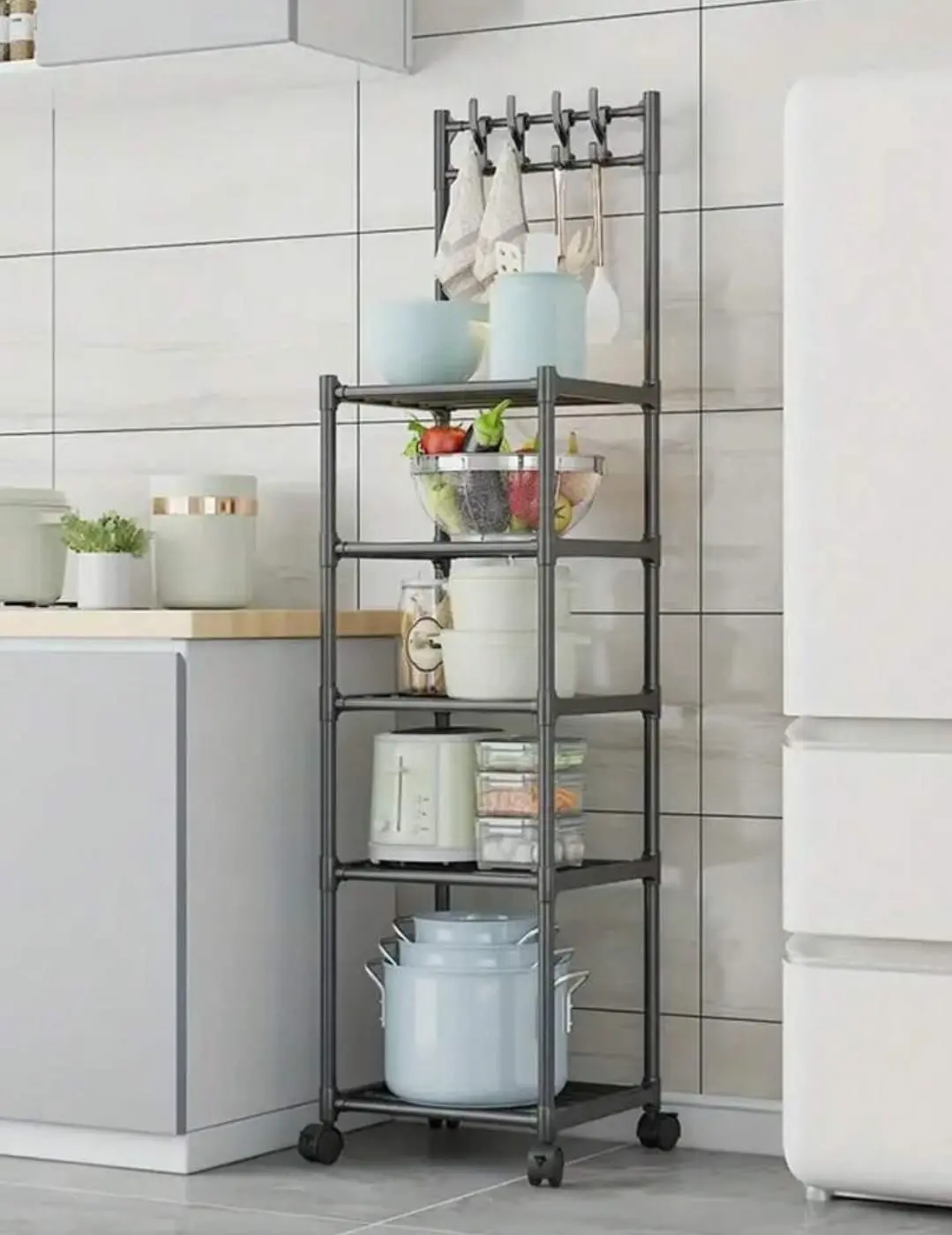 Estante D Almacenamiento de Cocina con ruedas, organizador de cocina con ollas, tostadora y recipientes.