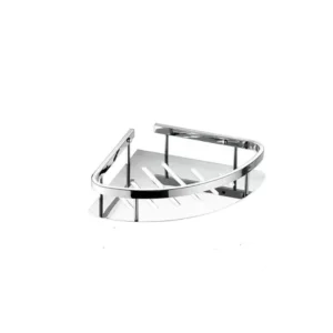 Repisa jabonera sencilla de metal cromado para esquina de ducha.