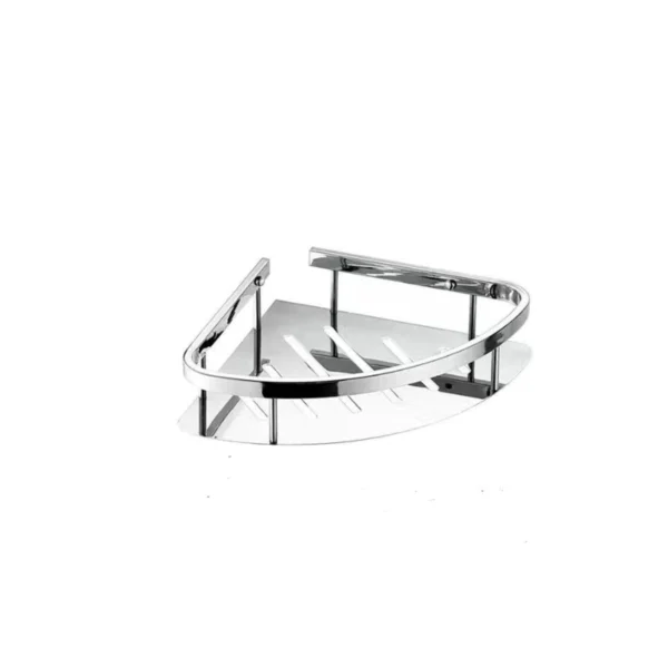 Repisa jabonera sencilla de metal cromado para esquina de ducha.