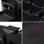 Comedero para asiento de carro negro con múltiples compartimentos de almacenamiento.