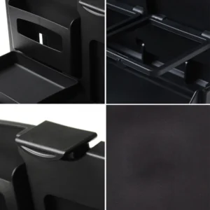 Comedero para asiento de carro negro con múltiples compartimentos de almacenamiento.