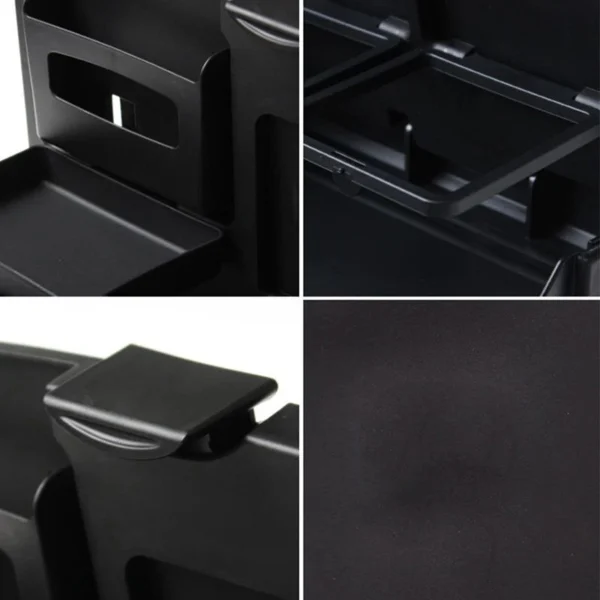 Comedero para asiento de carro negro con múltiples compartimentos de almacenamiento.