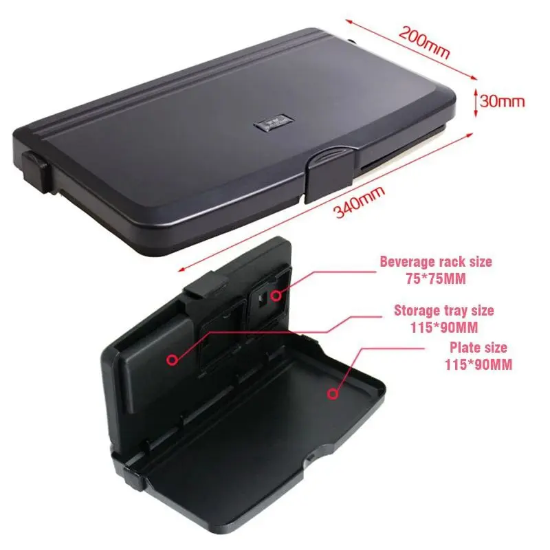 Comedero para asiento de carro negro, plegable, con bandejas y portavasos.