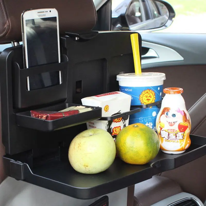 Comedero para asiento de carro con soporte para celular, frutas y bebidas.