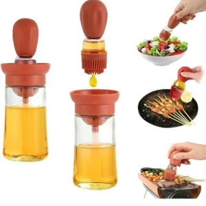 Dispensador de aceite con brocha para cocinar carnes, ensaladas y postres en parrilla.