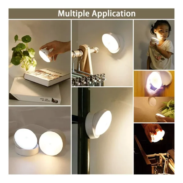 Lámpara LED recargable con sensor de rotación 360 grados, ideal para múltiples aplicaciones en el hogar.