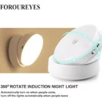 Lámpara LED recargable con sensor de movimiento y rotación 360°, ideal como luz nocturna.