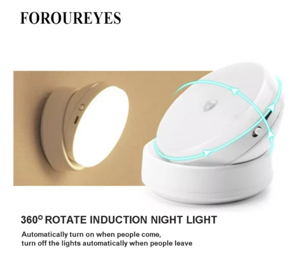 Lámpara LED recargable con sensor de movimiento y rotación 360°, ideal como luz nocturna.