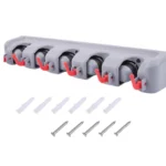 Soporte de pared para traperos y escobas con 5 ranuras y ganchos, incluye tornillos.