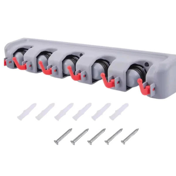 Soporte de pared para traperos y escobas con 5 ranuras y ganchos, incluye tornillos.