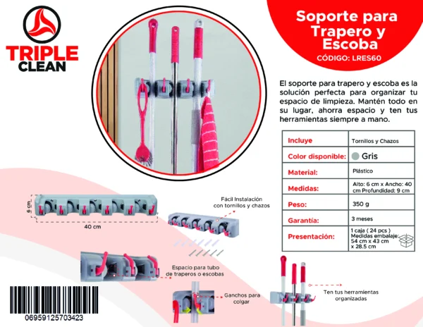 Soporte Triple Clean para traperos y escobas: organización y estilo para tu hogar.