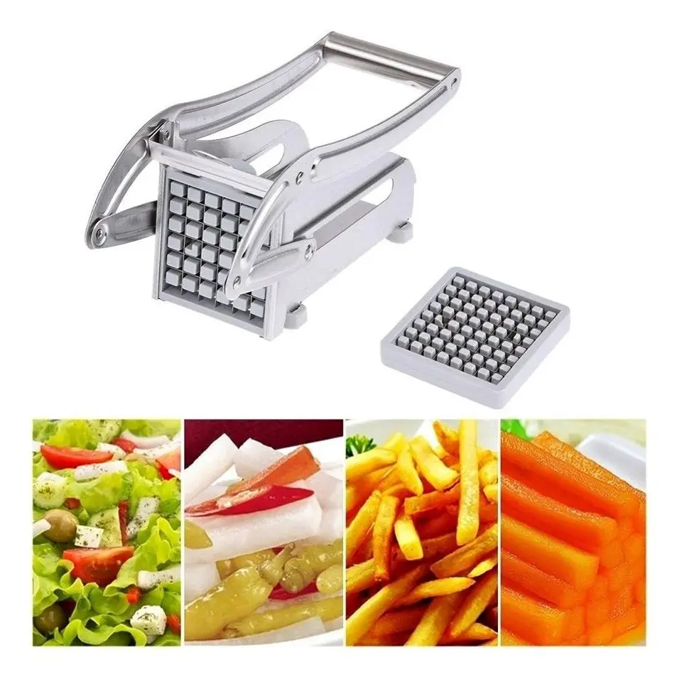 Cortador y picador de papas fritas en aluminio plateado, con accesorios para vegetales.