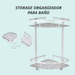 Repisa flotante esquinero para baño en aluminio con dos niveles, ideal para organizar artículos.