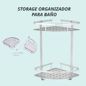 Repisa flotante esquinero para baño en aluminio con dos niveles, ideal para organizar artículos.