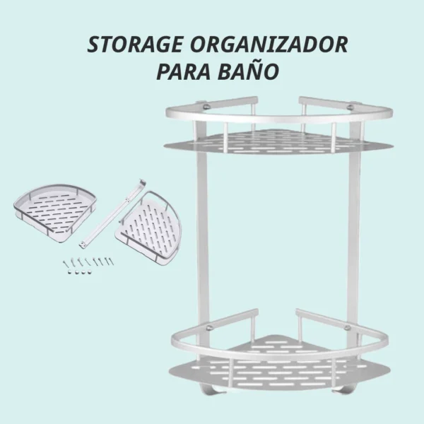 Repisa flotante esquinero para baño en aluminio con dos niveles, ideal para organizar artículos.