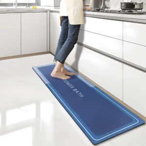 Tapete de cocina azul grande antideslizante con texto "TOWER BATH".