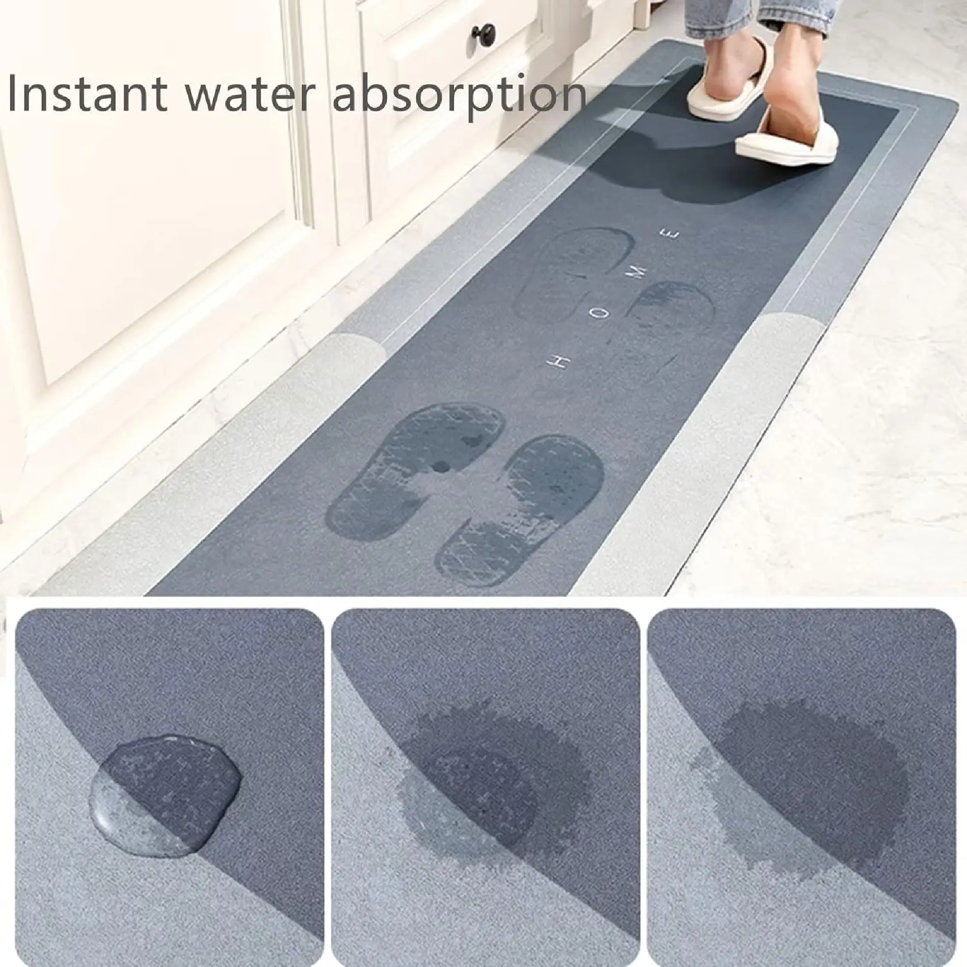 Tapete azul antideslizante grande para cocina con absorción rápida de agua y huellas de pies.