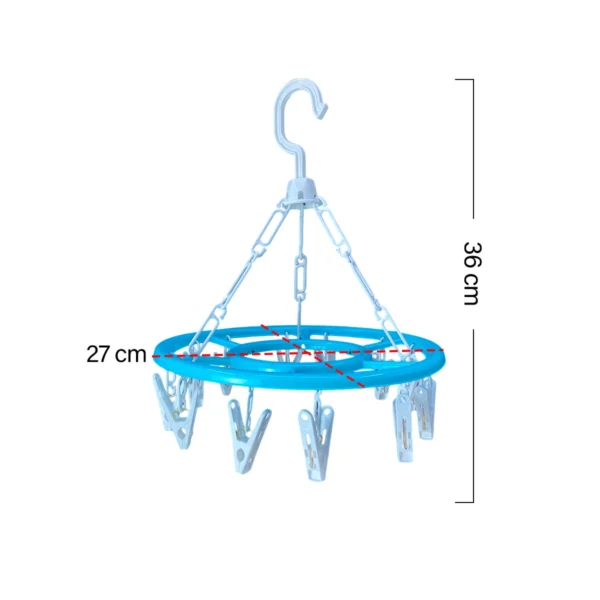 Colgador tendedero circular azul con 27 cm de diámetro y 36 cm de largo, ideal para ropa interior.