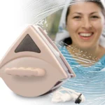 Limpia vidrios magnético doble cara con diseño triangular beige y cuerda de seguridad.