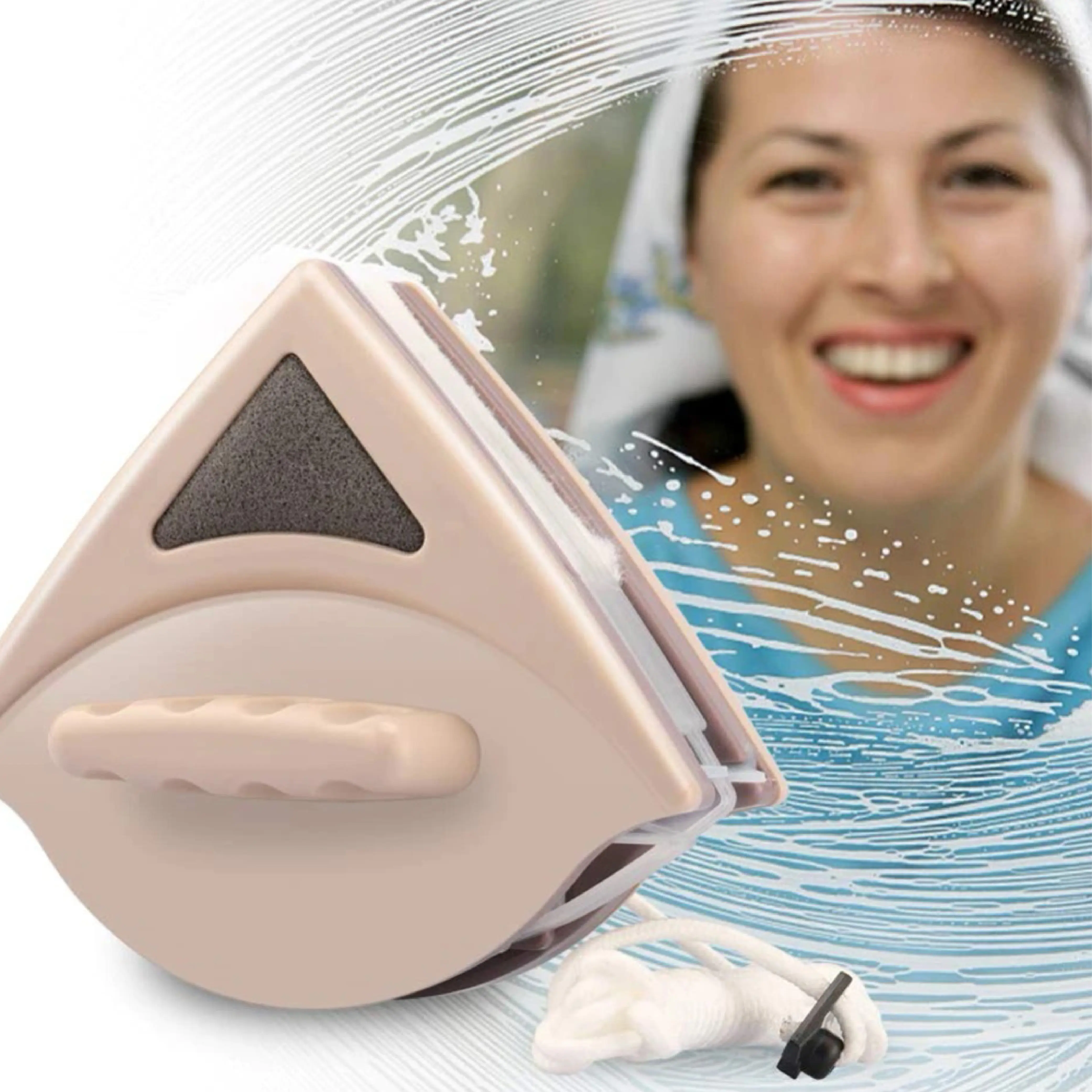 Limpia vidrios magnético doble cara con diseño triangular beige y cuerda de seguridad.